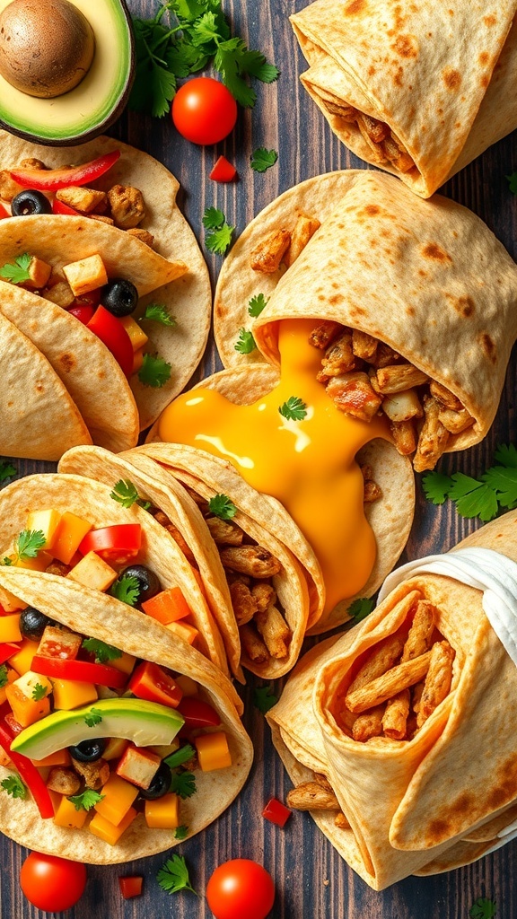 An assortment of tortilla meals including tacos, quesadillas, and burritos on a wooden table with fresh ingredients.